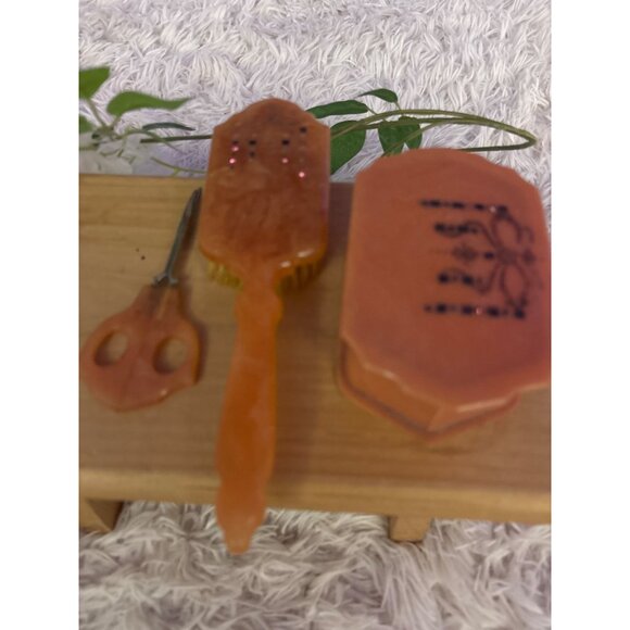 Vintage Ladies Celluloid-Bakelite Vanity  Set With Brush Scissors & Trinket Box - Picture 15 of 16